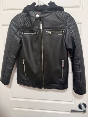 Guess Black Kids Faux Leather Hooded Moto Jacket